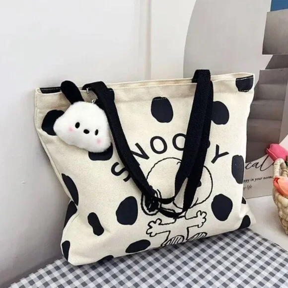 Snoopy Canvas Tote Bag Polka Dot White Shopping Bag 15x12 With Plush Charm - Picture 2 of 8